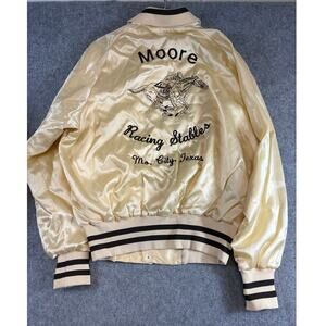 VINTAGE 80s Moore Racing Stables Varsity Jacket Mens Medium Cream Satin 90s